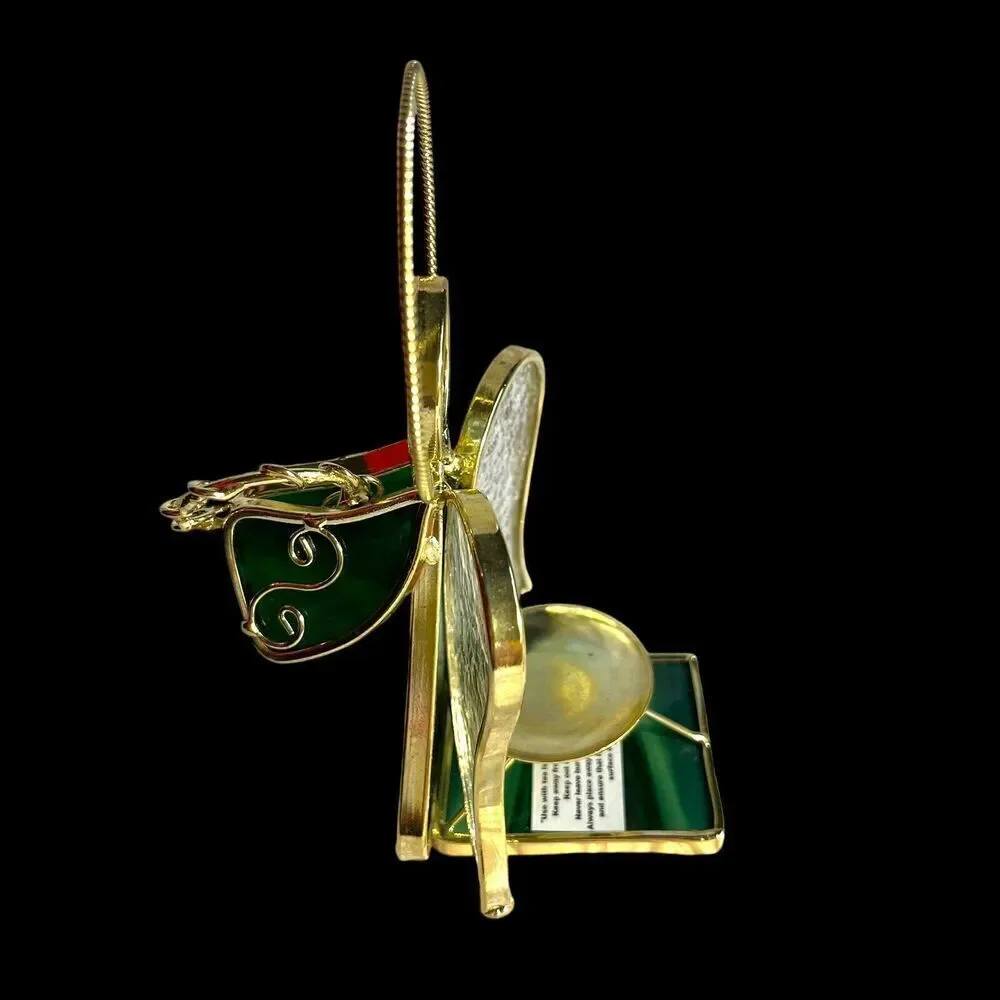 VTG Stained Glass Green & Gold Tone Metal Angel Tealight Votive Candle Holder